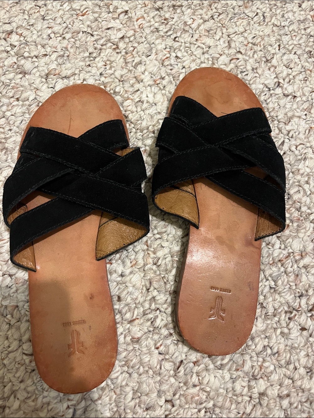 Frye Black Suede Crisscross Slide Sandals
